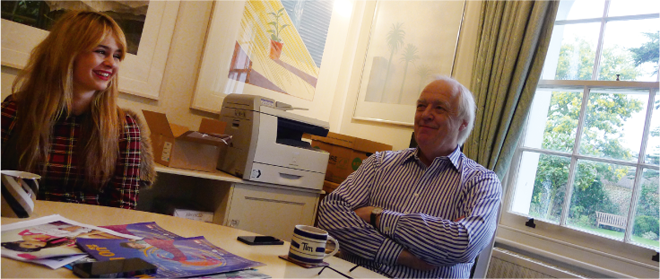 Sir Tim Rice in his study answering questions from Fabienne Tyler